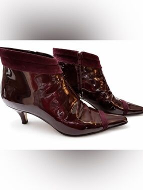 Size 9 Rickard Shah Women’s Burgundy Patent Ankle Booties with Suede Trim